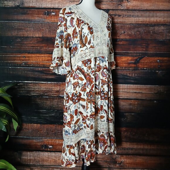 Cato Peasant Dress 14 16 W Boho Rayon Crochet Flared Half Bell Sleeve Midi - Picture 6 of 9